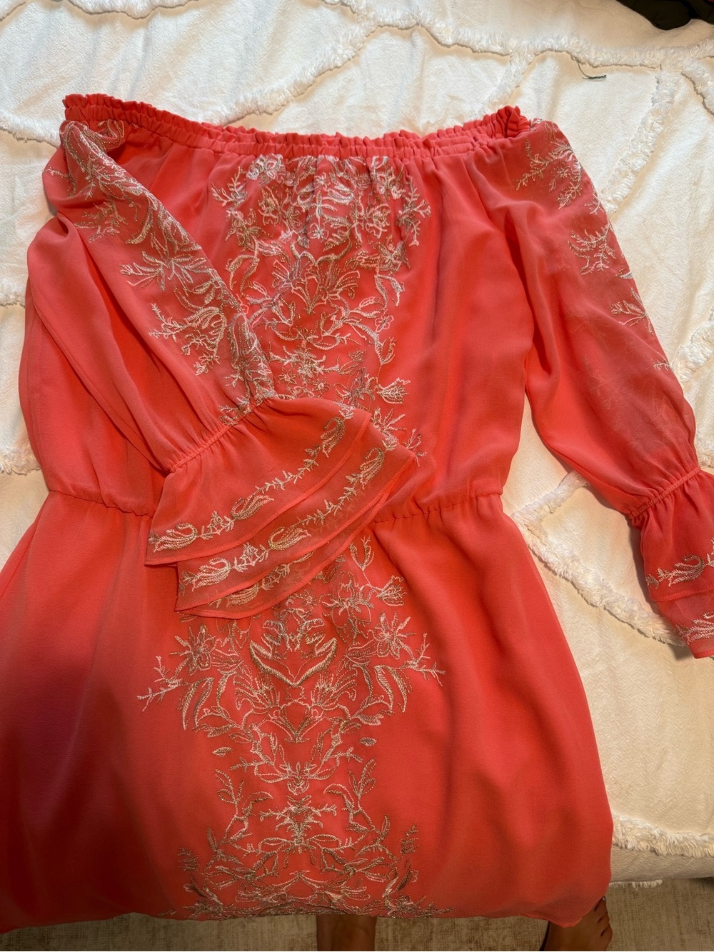 White House Black Market Off-Shoulder Coral and silver Embroidered Women's Dress